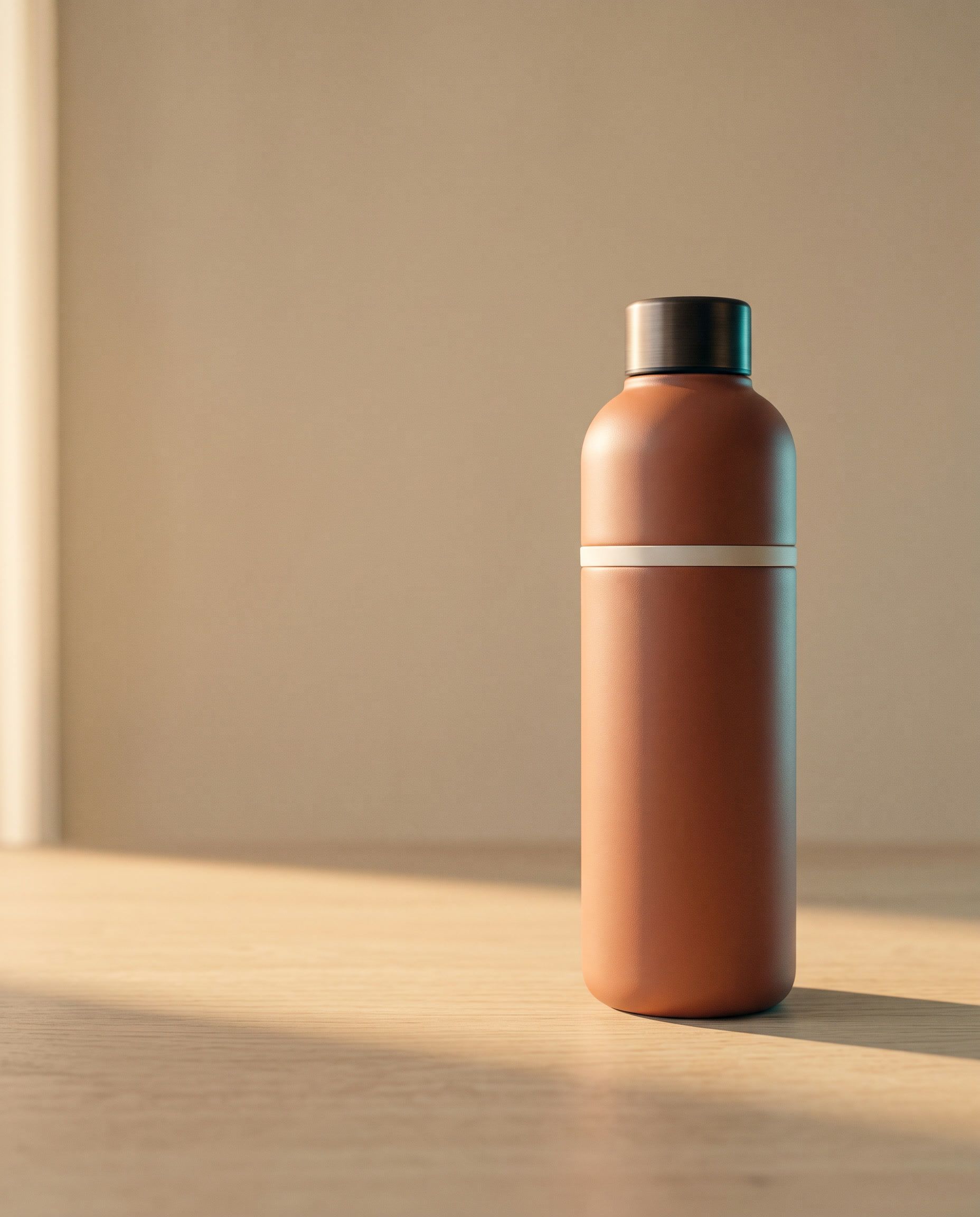 The terracotta bottle standing on a sunlit wooden desk.