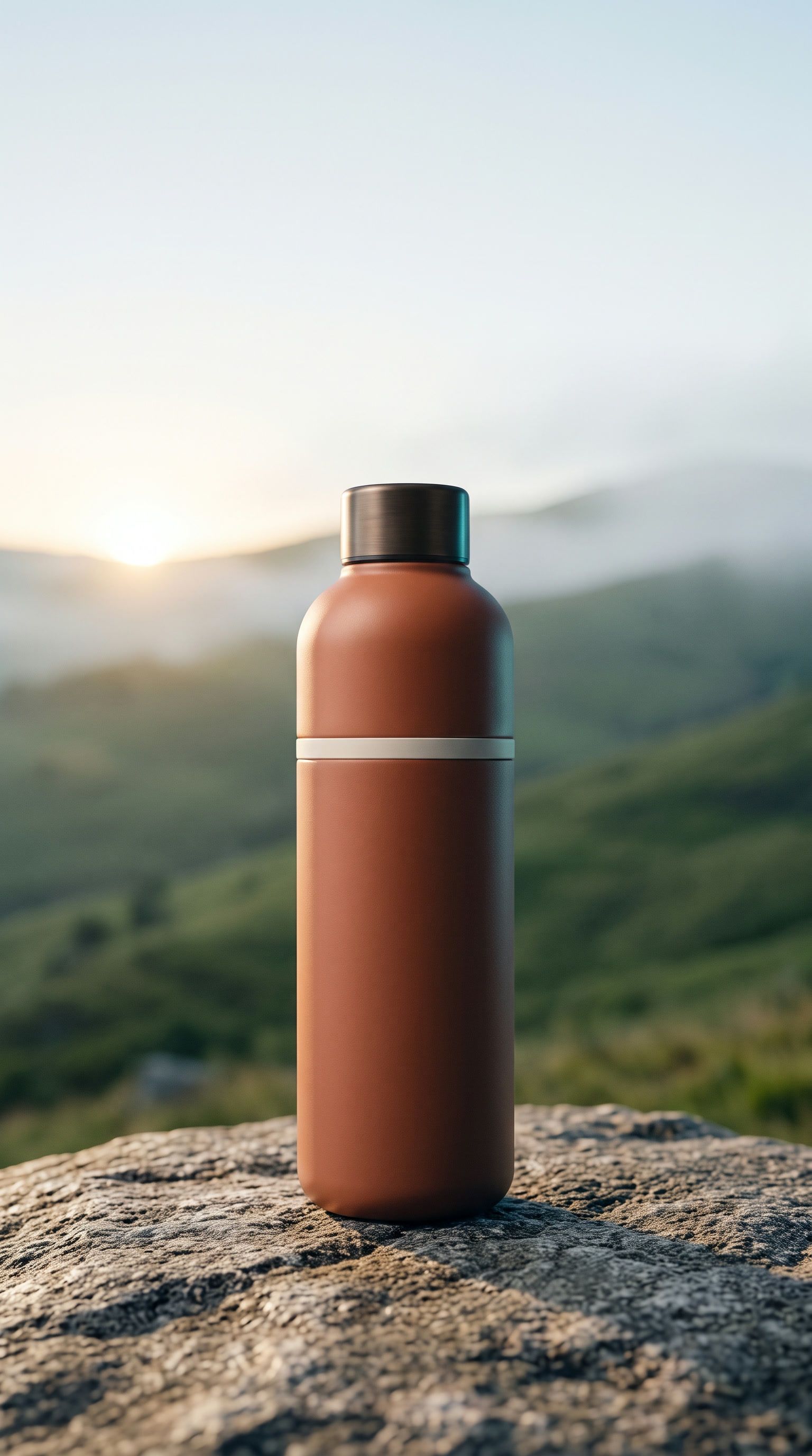 The terracotta bottle on a rock above green hills at sunrise.