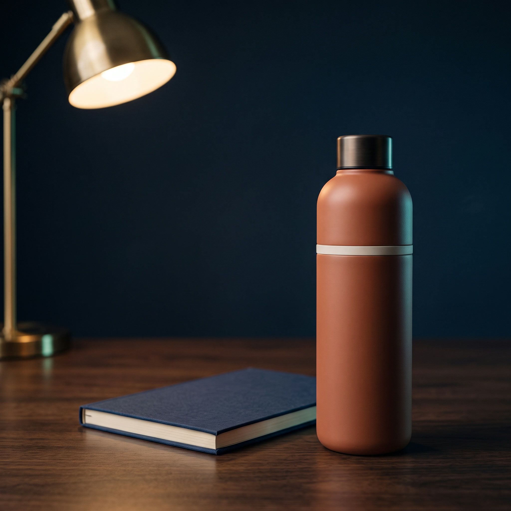 The terracotta bottle on a dark wooden desk under a brass lamp, beside a notebook.