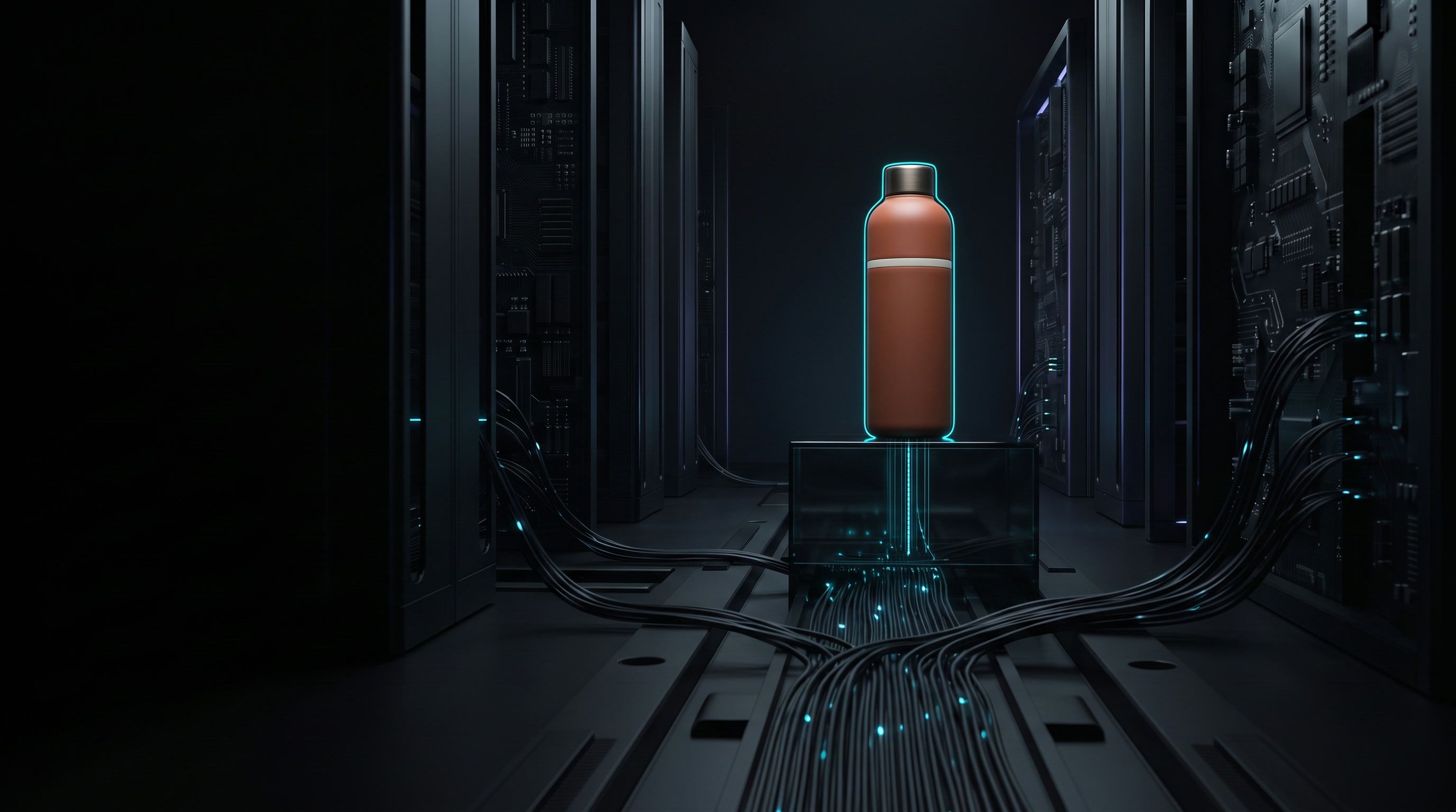 The terracotta concept bottle on a glass scanning plinth, cyan light running down into a fibre bundle.