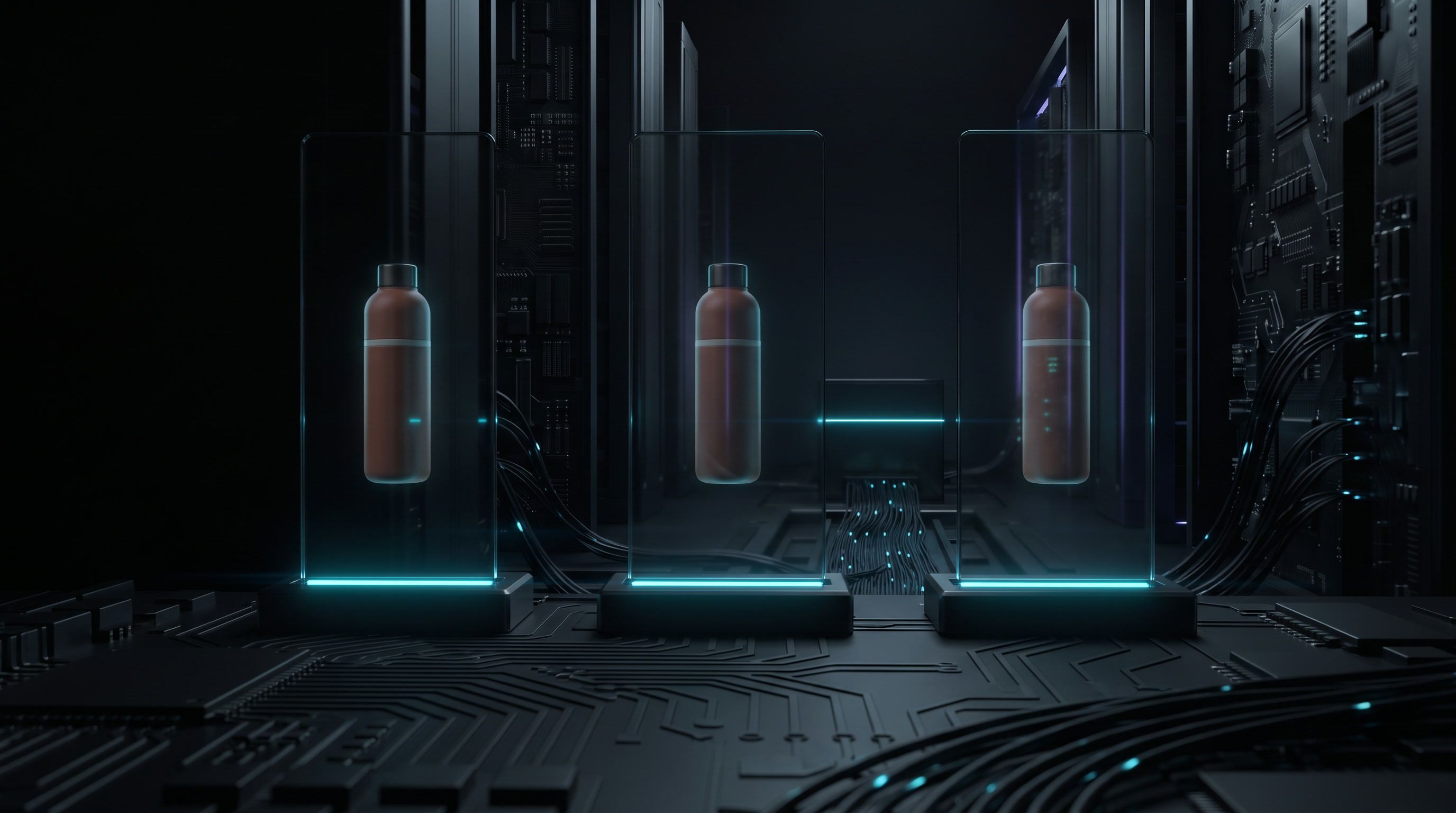 Three upright glass panels on a circuit board, each lit from below and holding an image of the bottle from a different angle.