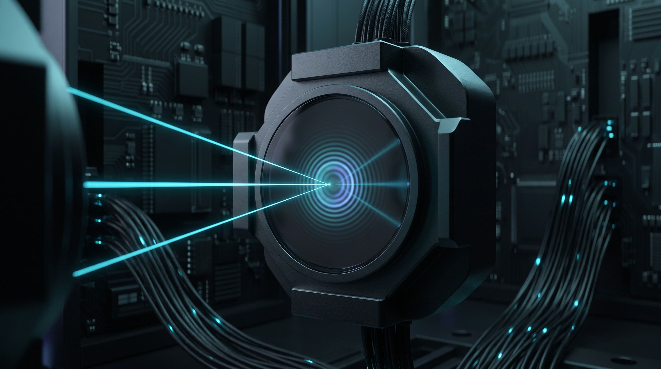Three cyan beams converging on a round glass sensor plate, forming a soft ring pattern.