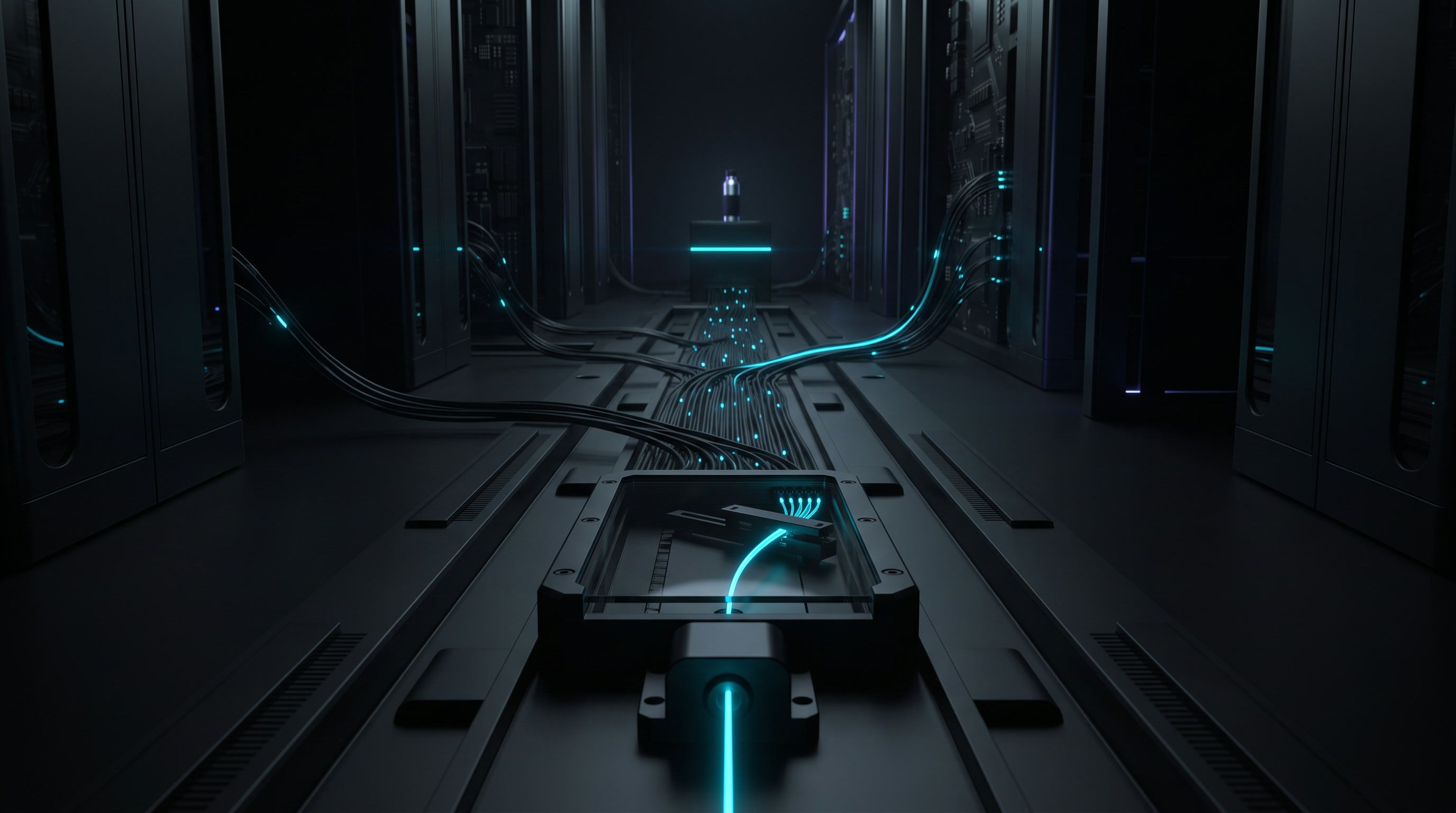 A rail switch routing one cyan beam back along the floor channel toward the distant lit plinth.