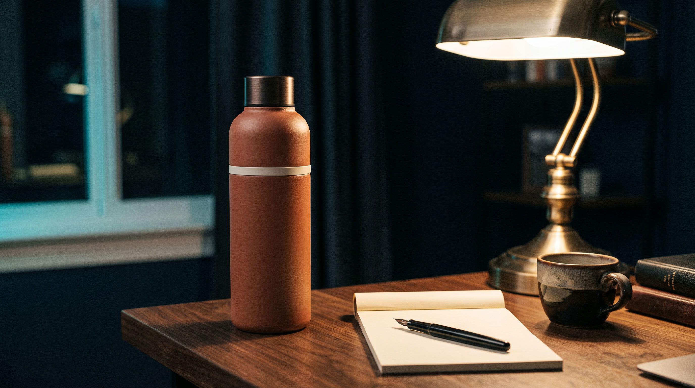 A desk lamp, a notepad and the concept bottle in warm evening light.
